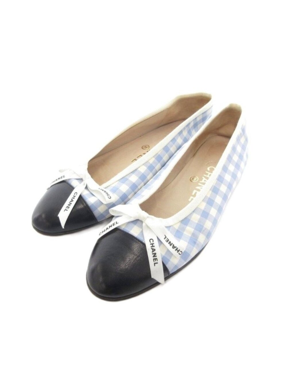 Chanel Valleyshoes Flat Gingham Check Ribbon Toe Cap Light Blue White Black